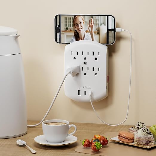 BN-LINK Outlet Extender, Multi Plug Outlets with 6 Outlets 3 USB Ports (3.4A Total), Dusk-to-Dawn Sensor Night Light, Outlet Splitter with Top Phone Holder, for Traveling, Home, School, Office