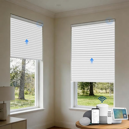 Motorized Cellular Shades with Remote, Smart Cellular Shades Compatible with Apple HomeKit, Alexa & Google Home, Cordless Honeycomb Window Blinds for Indoor Windows, Blackout Crisp White