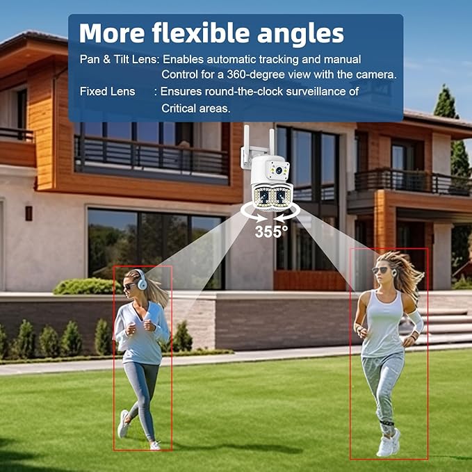Dual Lens Outdoor PTZ Security Camera,4MP WiFi Surveillance Camera with Night Vision, Motion Detection, Human Tracking & Detection, 355°View, SD/Cloud, 24/7 Record, White,
