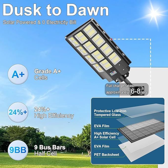 1-Pack 9500W Solar Street Light, Solar Street Lights Outdoor Waterproof, 240000LM 7000K Solar Powered Street Light, Dusk to Dawn, with Motion Sensor, LED Wide Angle Lamp