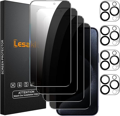 Lesakit 4+4 Pack Privacy Screen Protector for iPhone 15 Pro 6.1-Inch with 4 Pack Camera Lens Protector, Anti Spy Tempered Glass Film 9H Hardness Case Friendly