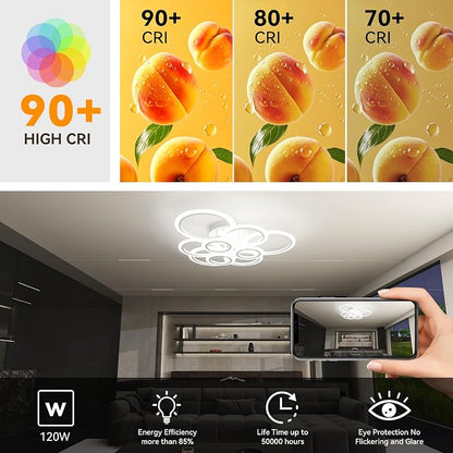 120W 9 Ring Flush Mount Ceiling Light Dimmable for Living Dining Bedroom | Remote & Smart App, 2800K-7000K Dimmable, Modern Ceiling Lamp for Indoor Home Decoration