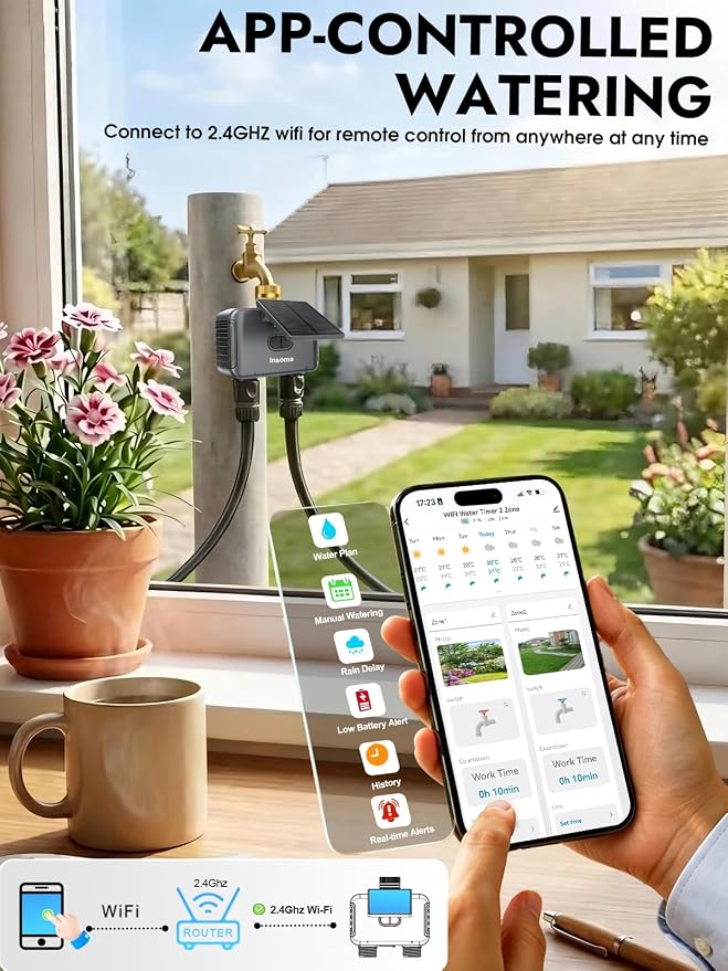 Insoma Solar WiFi Water Timer 2 Zone, Solar&Type-C Rechargeable Smart Sprinkler Timer w/Adjustable 120° Solar Panel, APP&Voice Control Automatic Irrigation for Garden Hose Lawn, No Gateway Required