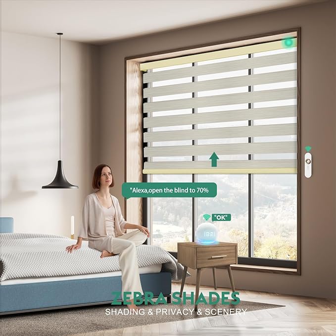 Motorized Zebra Blinds with Remote, Work with HomeKit Alexa Automatic Electric Window Shades 90% Blackout Light Filtering for Smart Home and Office, Customized Size Golde