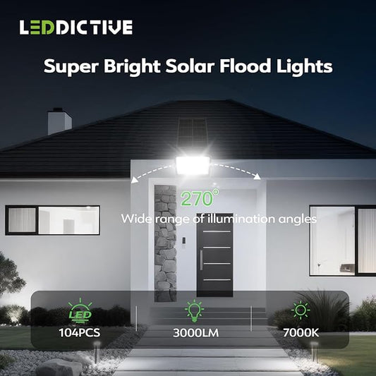 Leddictive 2 Pack LED Solar Lights Outdoor 7000K, 3500LM Solar Powered Flood Lights with 3 Modes, Dusk to Dawn Outdoor Lighting with Remote, IP65 Waterproof, 16.4 Ft Cable for Yard Garage Porch