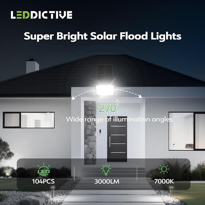Leddictive LED Solar Lights Outdoor 7000K, 3500LM Solar Powered Flood Lights with 3 Modes, Dusk to Dawn Outdoor Lighting with Remote, IP65 Waterproof, 16.4 Ft Cable for Yard Garage Porch