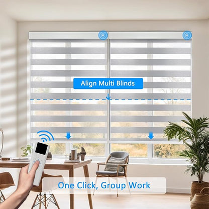 Motorized Zebra Blinds for Windows Cordless Electric Curtains with Remote Control Blackout Shades Custom Smart Blinds Compatible with Alexa Google Home(Light Filtering Grey,Custom)