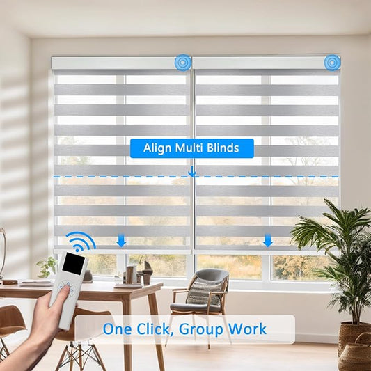 Motorized Zebra Blinds for Windows Cordless Electric Curtains with Remote Control Blackout Shades Custom Smart Blinds Compatible with Alexa Google Home(Light Filtering Grey,Custom)