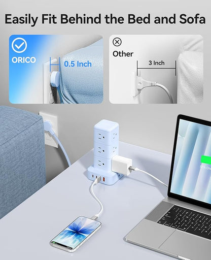 ORICO Power Strip Tower with Multiple Outlets, Tower Extension Cord with 12 AC Outlets 4 USB Ports (2 USB C), Space Saving Design, 5FT Cord Power Tower for Home, Office, Dorm - TPP20