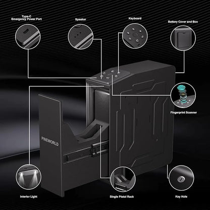 Biometric Slider Figerprint Handgun Safe with Auto Sliding Door&Keypad&Key | PINEWORLD Interior Light & Emergency Power Supply& Voice Navigation & Mute Mode, For Home, Nightstand, Car,Travel. Nice Gift