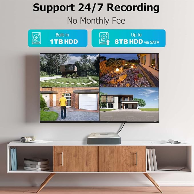 Home Security Camera System Indoor Outdoor, AI Human/Vehicle Detection,Night Vision,Remote Access, 4pcs 1080P 1920TVL Weatherproof CCTV Surveillance Cameras,H.265+ 4CH DVR 1TB HDD