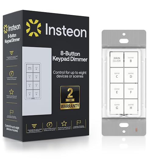 INSTEON 2334-222 Keypad Dimmer Switch (Dual-Band), 8-Button, White | Controls Up to 7 Devices, 150W LED, Dual-Band Smart Switch, Neutral Wire Required, Hub Required for Alexa & Google Assistant