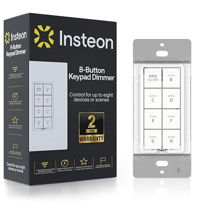 INSTEON 2334-222 Keypad Dimmer Switch (Dual-Band), 8-Button, White | Controls Up to 7 Devices, 150W LED, Dual-Band Smart Switch, Neutral Wire Required, Hub Required for Alexa & Google Assistant