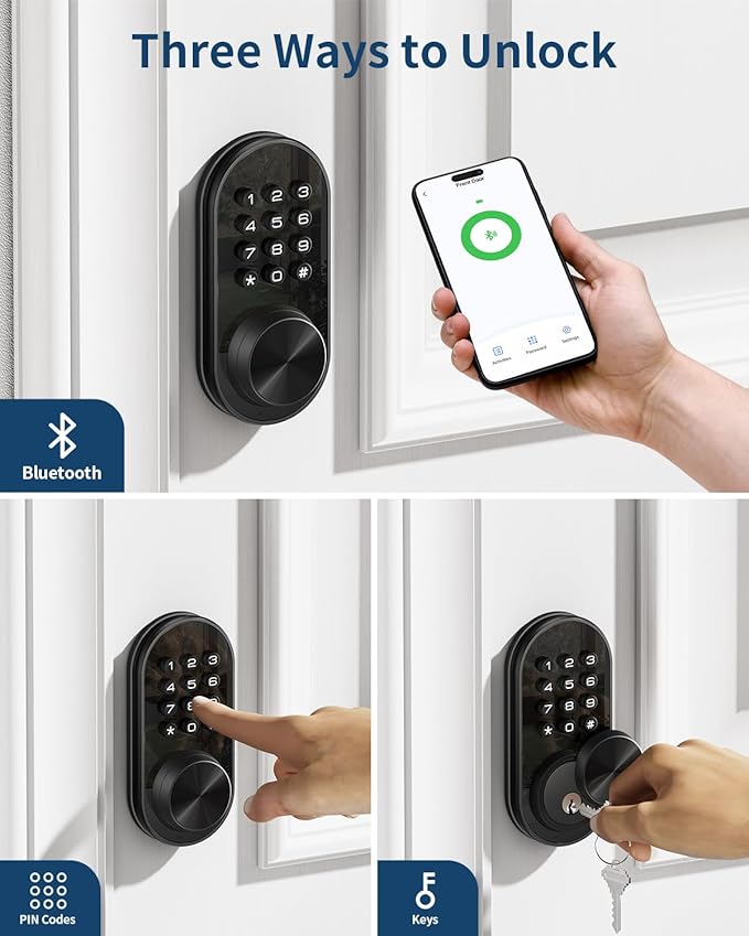 TEEHO TE341 Smart Keyless Entry Door Lock with App Control, Digital Keypad Bluetooth Electronic Deadbolt with Auto Lock, Easy Installation - Black