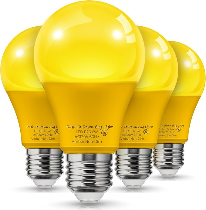 L LOHAS LED 40W Equivalent A19 Amber Porch Light Bulbs, 6W Dusk to Dawn Sensor Yellow Bug Light Bulbs for Outdoor, 2000K E26, 4 Pack
