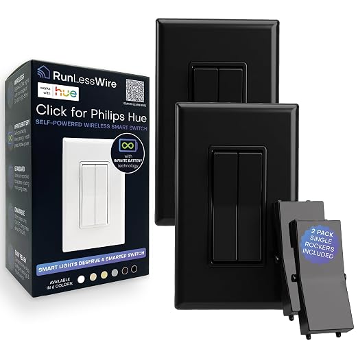 RunLessWire Click for Hue Battery-Free Wireless Smart Switch 2 Pack Black | Dimmable Kinetic Switch Pairs Natively to Philips Hue Bridge, 4 Programmable Buttons to Control Scenes & Areas, 100ft Range