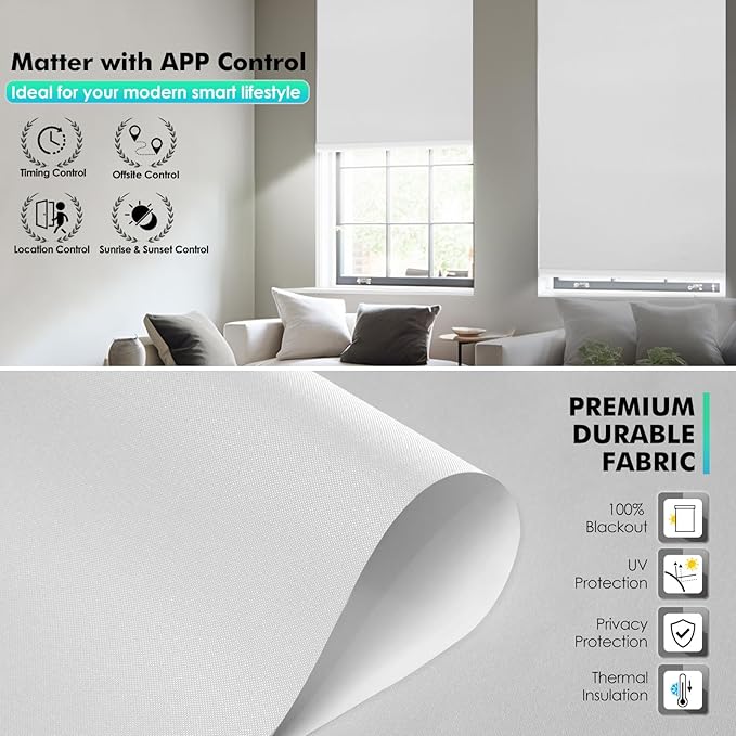 Motorized Blinds with Remote, Smart Blinds with Solar Panel, Cordless Blackout Automatic Shades with Matter Motor, White, 00×72
