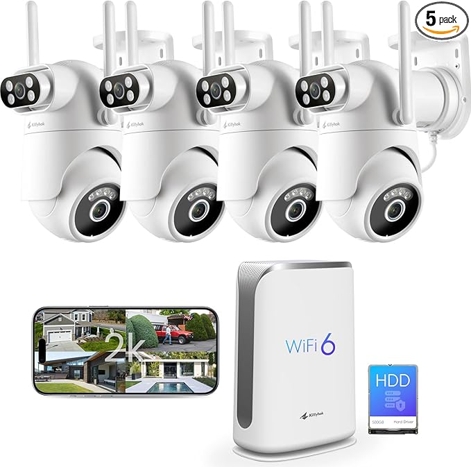 Home Security Camera System Wireless, Dual Lens 2K Security Cameras Wireless Outdoor with 2.4/5GHz WiFi, 360° PTZ, Auto Tracking, Motion Detection, Night Vision, 2-Way Audio, 10CH NVR with 500GB HDD