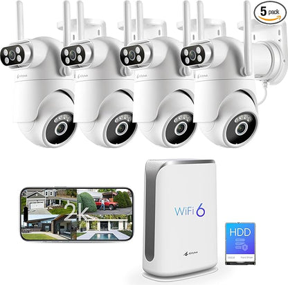 Home Security Camera System Wireless, Dual Lens 2K Security Cameras Wireless Outdoor with 2.4/5GHz WiFi, 360° PTZ, Auto Tracking, Motion Detection, Night Vision, 2-Way Audio, 10CH NVR with 500GB HDD