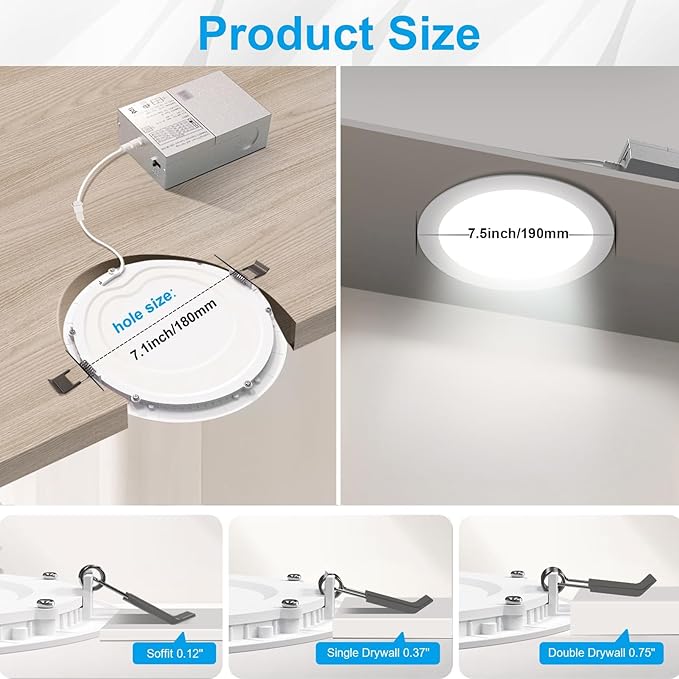 Elaruslux 12 Pack 7 Inch 3CCT Ultra-Thin LED Recessed Light with Junction Box, 3000K/4500K/6000K Selectable, 18W Eqv 125W, Dimmable Canless Downlight, 1600LM High Brightness