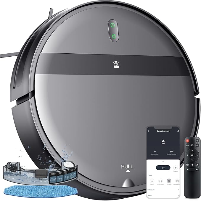 Robot Vacuum Mop Combo, WiFi/App/Alexa, 2-in-1 Robot Vacuum and Mop Combo, Robotic Vacuum Cleaner, Self-Charging, Quiet, Tangle-Free Suction Robot Vacuum Cleaner for Pet Hair/Carpet/Hard Floor