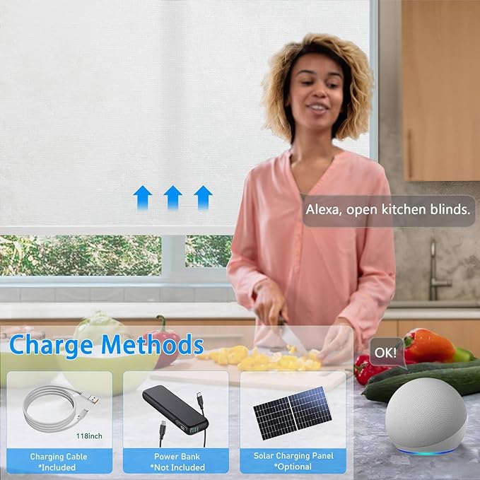 Motorized Blinds with Remote Cordless Automatic Motorized Shades Custom Blinds for Windows Smart Curtains Compatible with Alexa Google Home(Light Filtering Jacquard White,W64 x H72in)