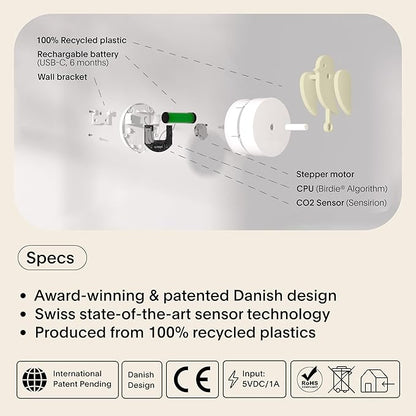 Birdie 2.0 - Design Indoor CO2 Monitor for House Burping - Air Quality Meter for Home & Office - Visual Air Quality Sensor for Fresh Air - Wall Mounted - Swiss Sensor Technology-Dune, FullBirdie