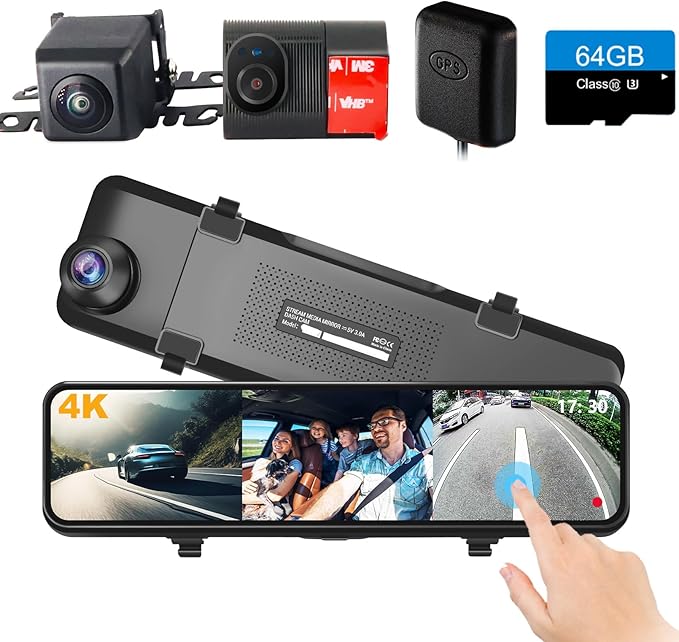 4K 3 Channel Mirror Dash Cam, 10.88" Triple Rear View Mirror Dash Camera Front Inside Rear for Car RV Truck, Night Vision, 64GB Card, WDR, G-Sensor, 24H Parking Monitor (INS102-3CH)