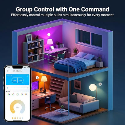 TJOY 4 Pack Smart Light Bulbs, Bluetooth WiFi Led Bulb Work with Alexa &Google Assistant, RGB Color Changing Alexa Bulbs, Music Sync, 2700K-6500K, 9W(60W Equivalent), A19 E26 800LM, 2.4Ghz WiFi only
