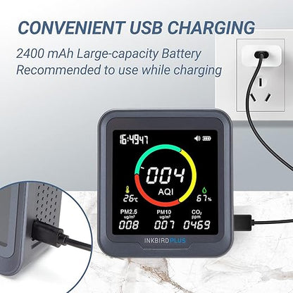 INKBIRDPLUS 6-in-1 Indoor Air Quality Monitor, Detects CO2, PM2.5, PM10, AQI, Temperature and Humidity for Rooms, Cellars, Grow Tents, Offices, etc. (PTH-9A)