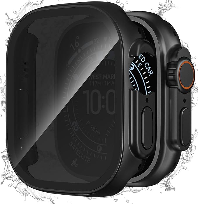Waterproof Privacy Case Compatible with Apple Watch Ultra 3/2/1 49mm with Anti-peep Screen Protector, iWatch Face Cover Protective Bumper for iWatch Case 49mm Black