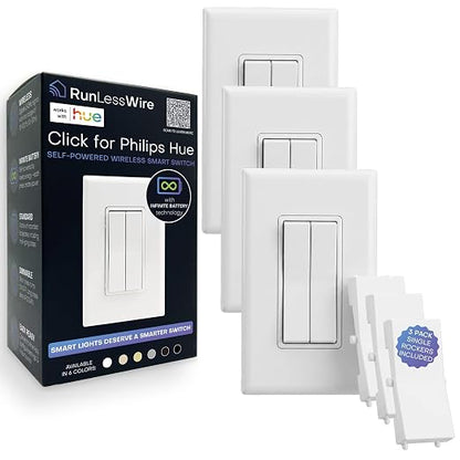 RunLessWire Click for Philips Hue – Battery-Free Wireless Smart Light Switch, 30ft Range – Works Natively with Philips Hue Bridge – Wall Mount Kinetic Switch - Decora Style, White 3 Pack | Dimmable Kinetic Switch Pairs Natively to Philips Hue Bridge, 4...