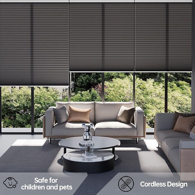 Cellular Shades Light Filtering Honeycomb Blinds for Indoor Windows, Cordless Cellular Shades 1.5 inch Cell Pleated for Bedroom Home Office, Custom Size, Half Shading Grey