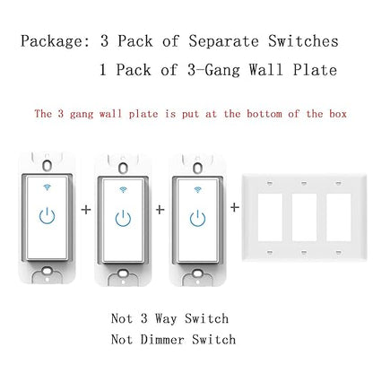 Smart WiFi Light Switch 3 Gang - Wireless Compatible with Alexa and Google Home