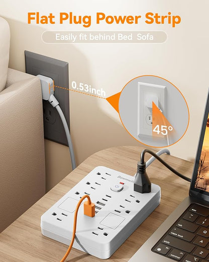 Surge Protector Power Strip - 11 Outlets(1850W/15A/14AWG) with 6 USB Ports(2 USB C), 6/11FT Flat Plug Extension Cord, Wall Mount, Black, ETL Listed for Home, Dorm Room