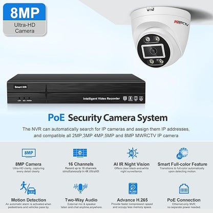 MWRCTV 4K PoE Security Camera System,16 X 8MP Wired Dome PoE Cameras for Home Security,2.8mm Wide Angle Lens,Smart Dual Light,AI Human/Vehicle Detection,16 Port 16CH 4K NVR(NO HDD Include)
