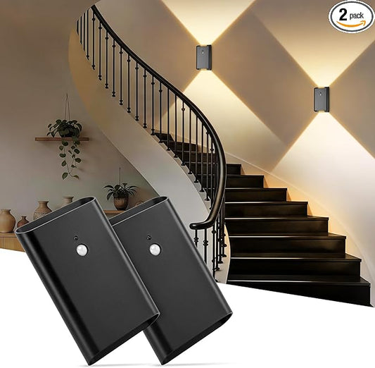 Motion Sensor Wireless Wall Sconce Set of 2 - Battery Operated Wall Light with Timer&Remote Control, 3 Color Temp & Brightness Adjustable 6000mAh Rechargeable for Stairs Bedroom Living Room, Black