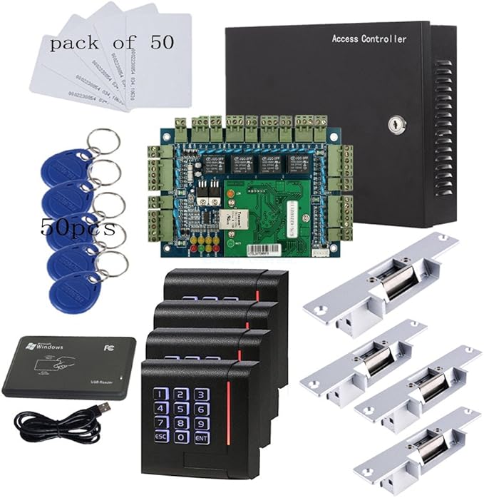 RFID Keypad Access Control System Card or PIN Code Open 4 Doors Strike Lock Smart TCPIP Control Board Keypad Door Access 110-240V Power Supply Box