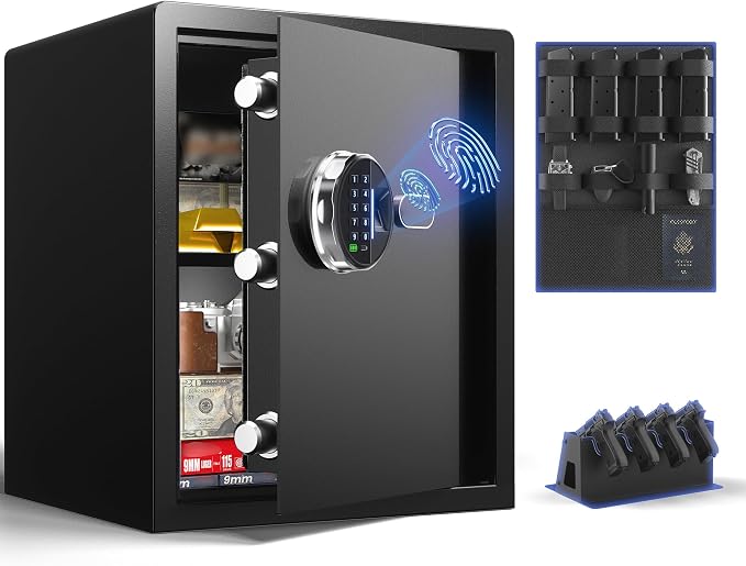 Grimtron 32LB Biometric 4 Pistols Safe with Fingerprint Lock, 3-8 Digit PIN | 2-in-1 Storage for 4 Pistols & Valuables, 1.71 Cu Ft Capacity, 30 Fingerprints, All-Metal Knob, Silent Mode & Type-C Power