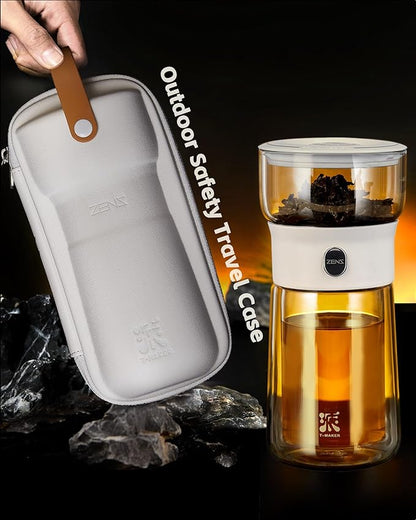 ZENS Modern Tea Pot, Glass Teapot with Infusers for Loose Tea Diffusers with One Touch Pouring, Cool Portable Tea Maker with Insulated Tea Mug and Travel Tea Kits for Tea Lover Gifts