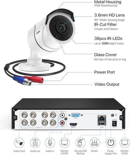 ZOSI 3K Lite Home Security Camera System with Audio, AI Human/Vehicle Detection, Night Vision, 8pcs 1920TVL Outdoor Metal Bullet Cameras, 8CH H.265+ CCTV DVR with 1TB HDD for 24/7 Recording