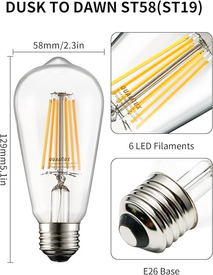Qualilux Dusk to Dawn Edison Light Bulbs ST58(ST19), Soft White 2700K, 6.5W=60W, Non-Dimmable Auto On/Off, Light Sensing LED Filament Bulb Outdoor for Porch Patio Garage Garden,750LM, E26, 4-Pack