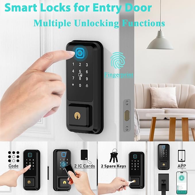 Hunnay Smart Locks for Front Door, Front Door Lock Set, Keypad Deadbolt Fingerprint APP Control Bluetooth Alexa Auto Lock, Easy Install (Black)