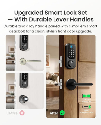 DESLOC B200 Fingerprint Smart Lock with 2 Lever Handles, Keyless Entry Front Door Lock Set, Electronic Keypad Deadbolt, App Control, Auto Lock, Long Battery Life,Matte Black