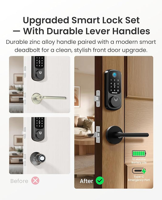 DESLOC B200 Fingerprint Smart Lock with 2 Lever Handles, Keyless Entry Front Door Lock Set, Electronic Keypad Deadbolt, App Control, Auto Lock, Long Battery Life,Matte Black