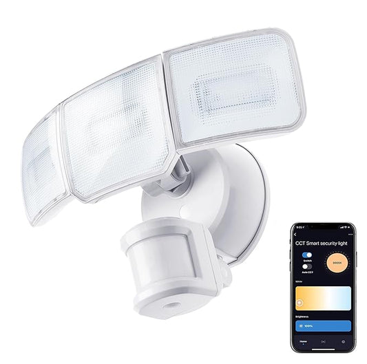 Home Zone Security Smart Flood Lights 3500 Lumens, 5000K Super Bright Security Light, 3 Adjustable Heads, Remote Control from App, Weather Resistant, Motion Sensor, Adjustable Color Temperature