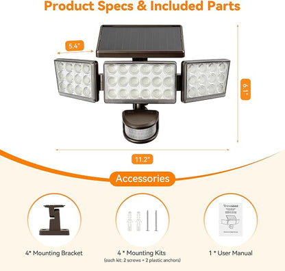 Solar Lights Outdoor, 3500LM 168 LED Motion Sensor Solar Flood Lights, 3 Heads 300° Wide Angle, 3 Modes IP65 Waterproof Solar Security Lights for Yard Garden Patio, 4 Pack (Brown)