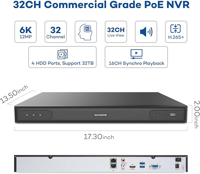 ONWOTE 6K 12MP 32 Channel NVR, Smart ACU Search, 4 SATA Support 40TB, Only Work with ONWOTE 12MP/ 4K 8MP/ 6MP/ 5MP PoE IP Cameras, 32CH Security Recorder Work with PoE Switch (No Hard Drive Included)