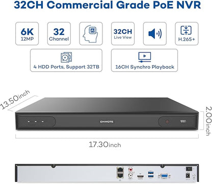 ONWOTE 6K 12MP 32 Channel NVR, Smart ACU Search, 4 SATA Support 40TB, Only Work with ONWOTE 12MP/ 4K 8MP/ 6MP/ 5MP PoE IP Cameras, 32CH Security Recorder Work with PoE Switch (No Hard Drive Included)