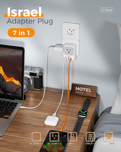 TESSAN Israel Adapter Plug, 2 Pack, Type H Travel Adaptor